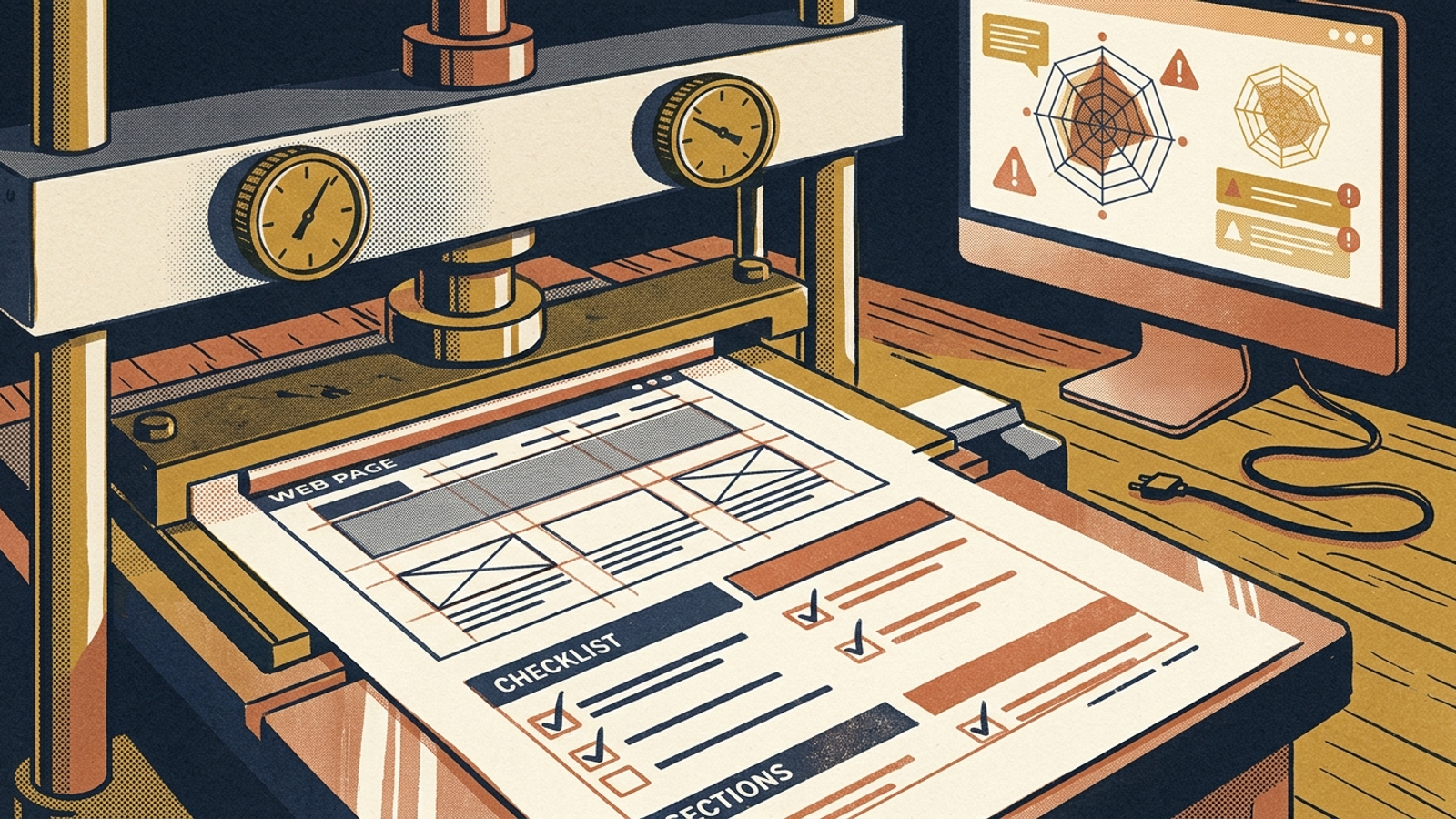 Workshop press calibrating a checklist beside an unused dashboard monitor