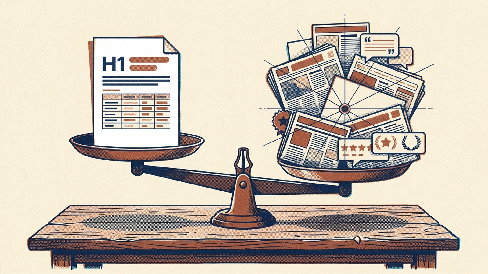 Illustration of a single web page balanced against a cluster of third-party reviews and media mentions.